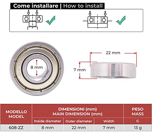 BSSTORE 608-ZZ Cuscinetti a Sfera 8x22x7mm, Doppia Schermatura in Metallo 608Z Acciaio Cromato per Skateboard, Pattini e Spinner
