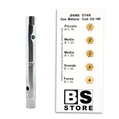 BSSTORE Chiave a Tubo 6/7 + 5 Ugelli 6MB Gas Metano Universali per Cucine e Forni | Misure (Piccolo 0,78-2x Medio 1,03 - Grande 1,30 - Forno 1,30) CG149