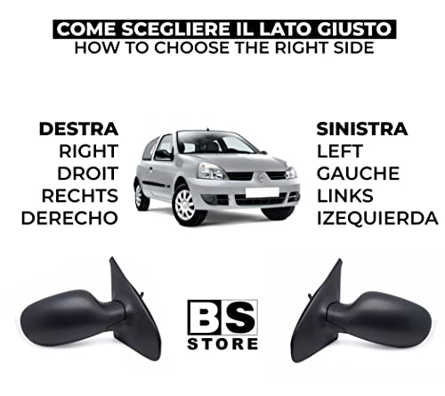 BSSTORE Specchietto Retrovisore Esterno Nero per R. CLIO dal 2001 al 2005 con Regolazione Manuale