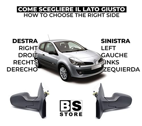 BSSTORE Specchietto Retrovisore Esterno Nero per R. CLIO dal 2005 al 2009 (BR0/1, CR0/1) con Regolazione Manuale