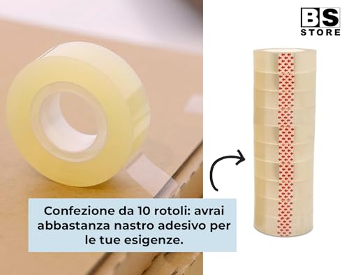 BSSTORE Kit Dispenser da Scrivania Nero per Nastro Adesivo + 10 Rotoli di Nastro Adesivo Trasparente 15m x 33mt per Casa e Ufficio