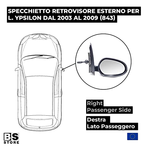 BSSTORE Specchietto Retrovisore Esterno Nero per L. Ypsilon dal 2003 al 2009 (843) con Regolazione Meccanica
