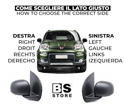 BSSTORE Specchietto Retrovisore Esterno Nero per F!at Panda dal 2012 (312, 319) con Regolazione Manuale