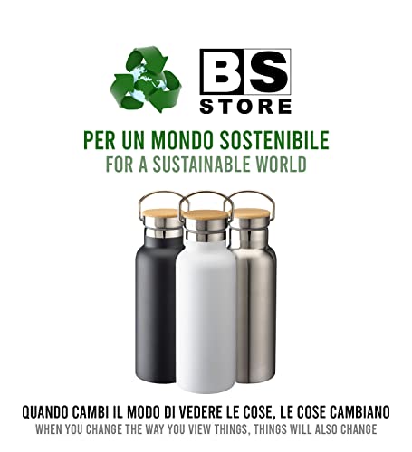 BSSTORE Borraccia Termica con Tappo a Vite in Bambú con Manico in Acciaio Inossidabile con Doppia Parete Isolante - 500 ml - Bottiglia Termica, Thermos, Riutilizzabile per Sport, Palestra, Viaggi