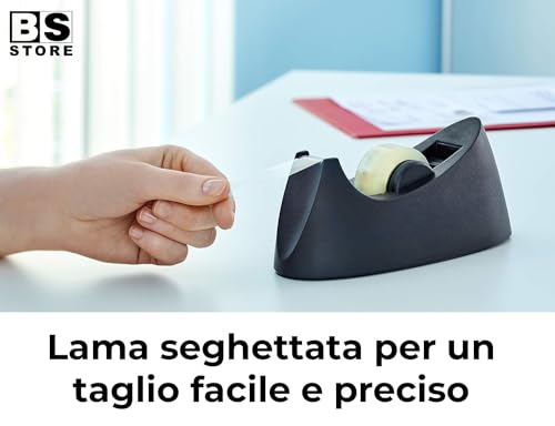 BSSTORE Kit Dispenser da Scrivania Nero per Nastro Adesivo + 10 Rotoli di Nastro Adesivo Trasparente 15m x 33mt per Casa e Ufficio