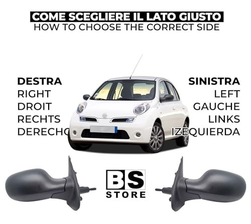 BSSTORE Specchietto Retrovisore Esterno Nero per NISS@N MICRA 2003-2010 (K12) con Regolazione Manuale