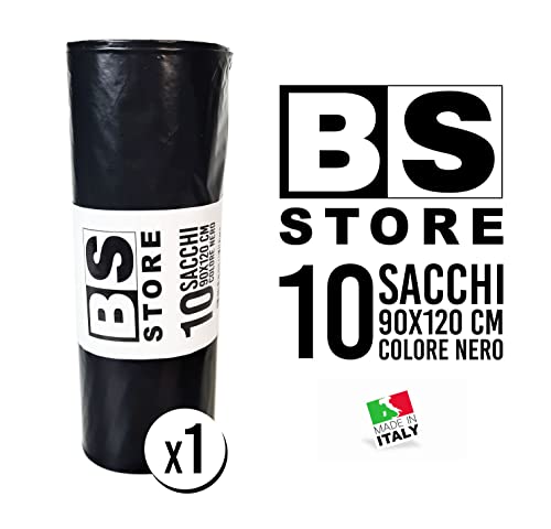 10 Sacchi Spazzatura Neri Grandi (cm 90x120) Resistenti per Condominio Giardino - Sacchi Immondizia, Pattumiera, Giardinaggio - 120 Litri (10 Sacchi, Nero)