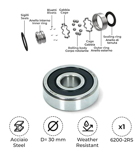 BSSTORE 6200-2RSH Cuscinetti a Sfera 10x30x9mm, Doppia Tenuta in Gomma 6200RSH Acciaio Cromato Sfere a Gola Profonda a Doppio Schermo Radiale
