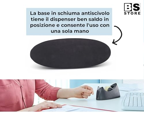 BSSTORE Kit Dispenser da Scrivania Nero per Nastro Adesivo + 10 Rotoli di Nastro Adesivo Trasparente 15m x 33mt per Casa e Ufficio