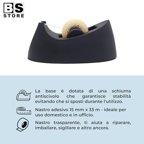 BSSTORE Kit Dispenser da Scrivania Nero per Nastro Adesivo + 10 Rotoli di Nastro Adesivo Trasparente 15m x 33mt per Casa e Ufficio