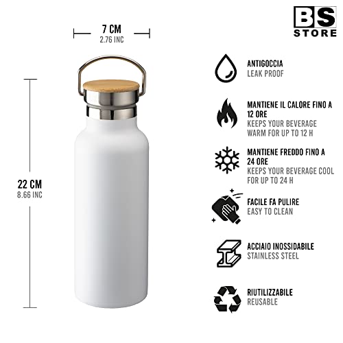 BSSTORE Borraccia Termica con Tappo a Vite in Bambú con Manico in Acciaio Inossidabile con Doppia Parete Isolante - 500 ml - Bottiglia Termica, Thermos, Riutilizzabile per Sport, Palestra, Viaggi