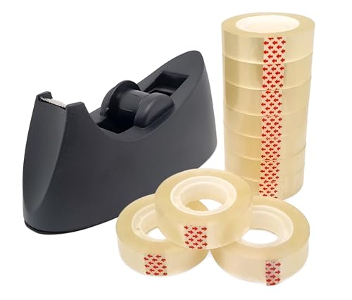 BSSTORE Kit Dispenser da Scrivania Nero per Nastro Adesivo + 10 Rotoli di Nastro Adesivo Trasparente 15m x 33mt per Casa e Ufficio