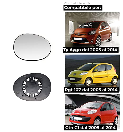 BSSTORE Piastra Vetro Specchio Retrovisore per Ty Aygo, Ctr C1, Pgt 107 dal 2005 al 2014
