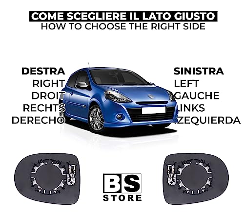 BSSTORE Piastra Vetro Specchio Retrovisore Termico per Ren@ult CLIO III 2009-2014, TWINGO II 2012-2014 (Sinistro Asferico - Lato Conducente)