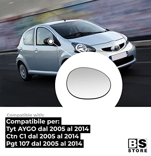 BSSTORE Piastra Vetro Specchio Retrovisore per Ty Aygo, Ctr C1, Pgt 107 dal 2005 al 2014