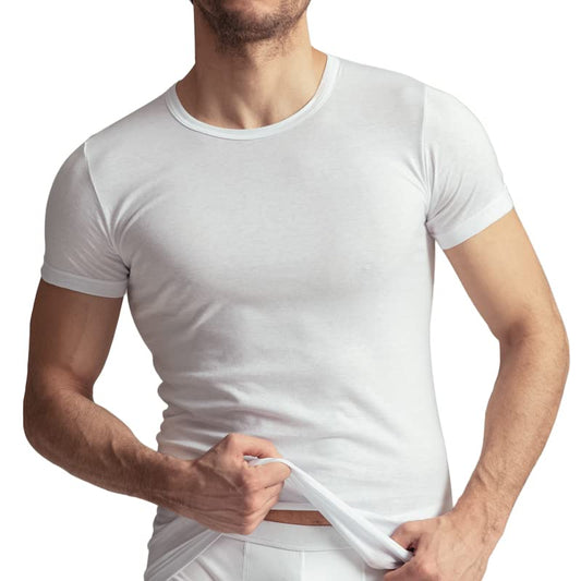 BSSTORE Maglia Intima Uomo Girocollo in Cotone T-Shirt Bianca Manica Corta con Bordino Ribattuto