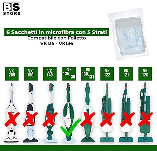 BSSTORE Kit 6 Sacchetti + Filtro Igienico Hepa + Griglia Filtro Protezione Motore Compatibile per Folletto VK135 VK136