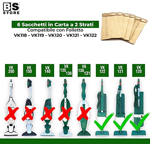 BSSTORE 6 Sacchetti Compatibili per Folletto VK120 VK121 VK122 Sacchi di Ricambio in Carta Ecologica Equivalente a 02094