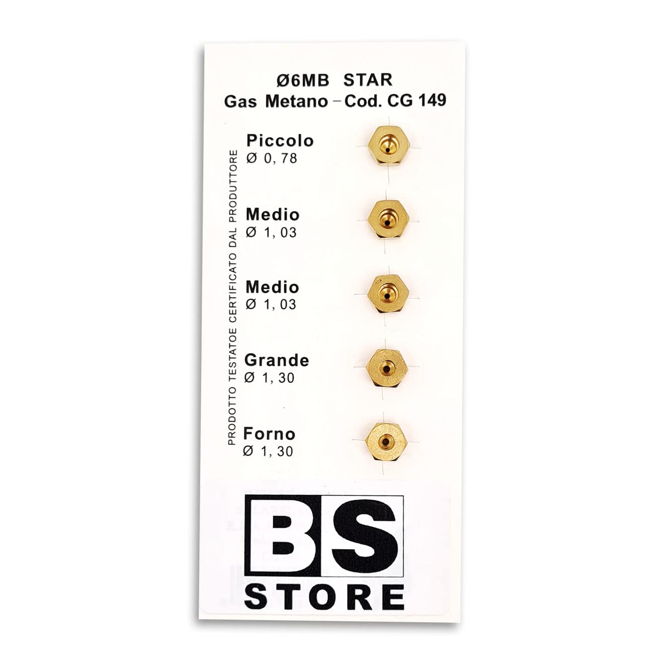 BSSTORE CG149 Kit 5 Ugelli 6MB Gas Metano Universali per Cucine e Forni | Misure (Piccolo 0,78-2x Medio 1,03 - Grande 1,30 - Forno 1,30)