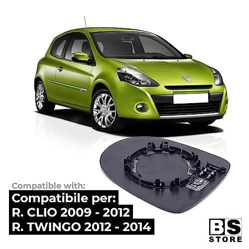 BSSTORE Piastra Vetro Specchio Retrovisore Termico per Ren@ult CLIO III 2009-2014, TWINGO II 2012-2014 (Destro - Lato Passeggero)
