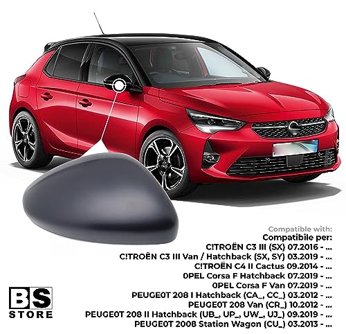 BSSTORE Calotta Specchietto Retrovisore Nera per C!TROËN C3 2016, C4 Cactus 2014 | PEUGE0T 208 2012, 2008 2013 | 0PEL Corsa F 2019