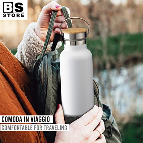 BSSTORE Borraccia Termica con Tappo a Vite in Bambú con Manico in Acciaio Inossidabile con Doppia Parete Isolante - 500 ml - Bottiglia Termica, Thermos, Riutilizzabile per Sport, Palestra, Viaggi