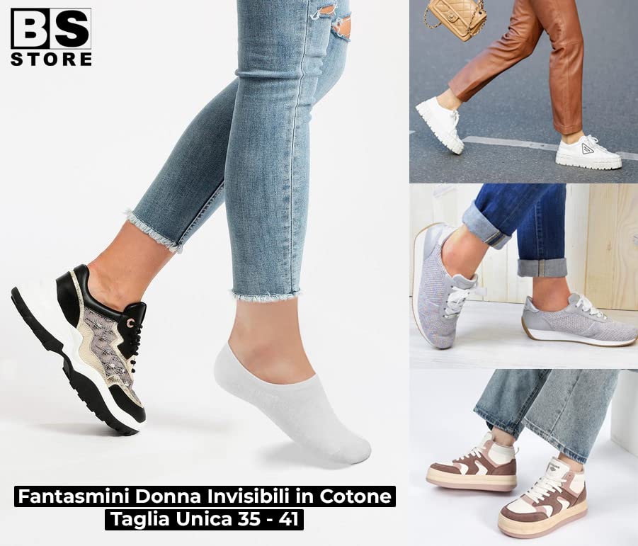 BSSTORE Calzini Fantasmini Donna Invisibili Traspiranti Calze Basse in Cotone con Silicone Antiscivolo | Taglia Unica 35-41